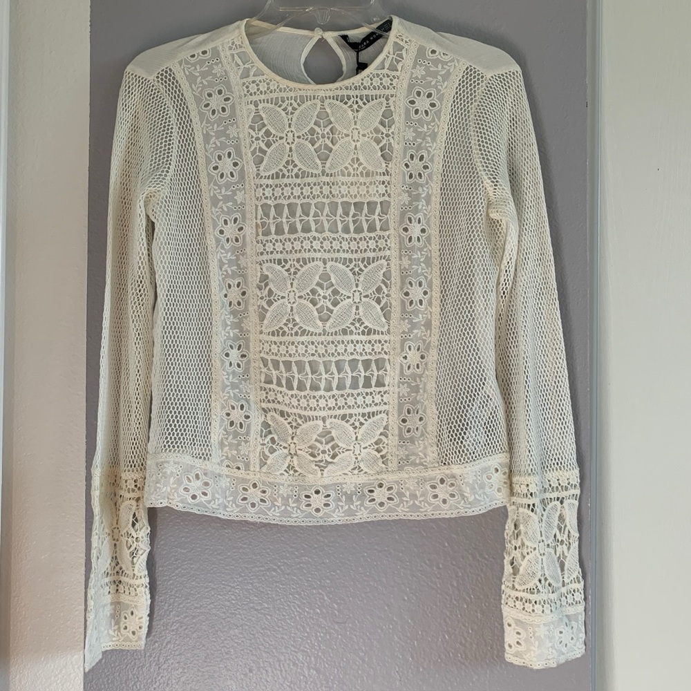 Zara White Cream Netted Long Sleeve Top